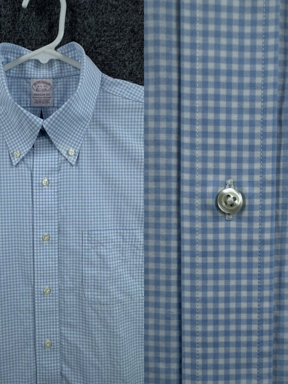 Brooks Brothers Blue White 16.5 34 Men Cotton Spandex Non-Iron Supima Madison